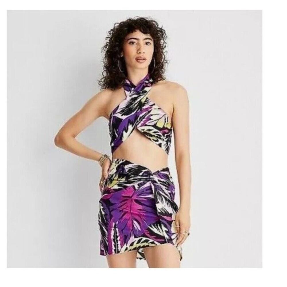 Future Collective Halter Top Wrap Neck Botanical Print Women's S Purple Black